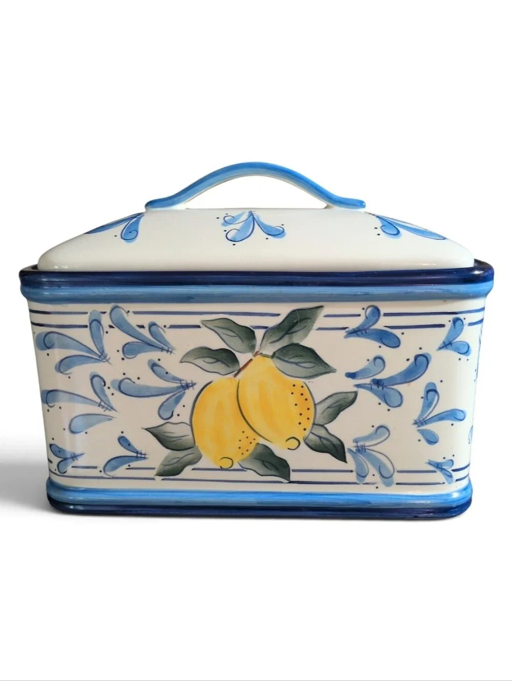 Ceramic Lemon Bread Box with Blue Trim - White and Yellow